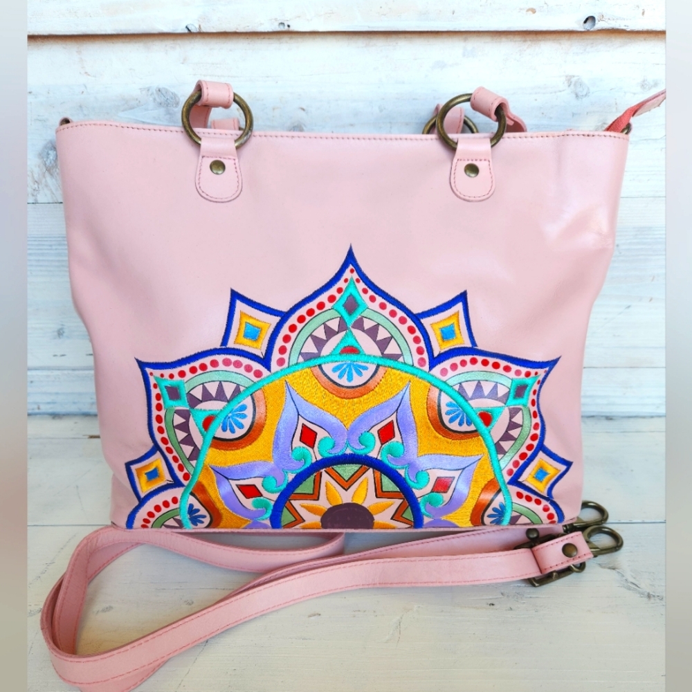 Anuschka pink shoulder crossbody leather bag painted mandala embroidered PERFECT